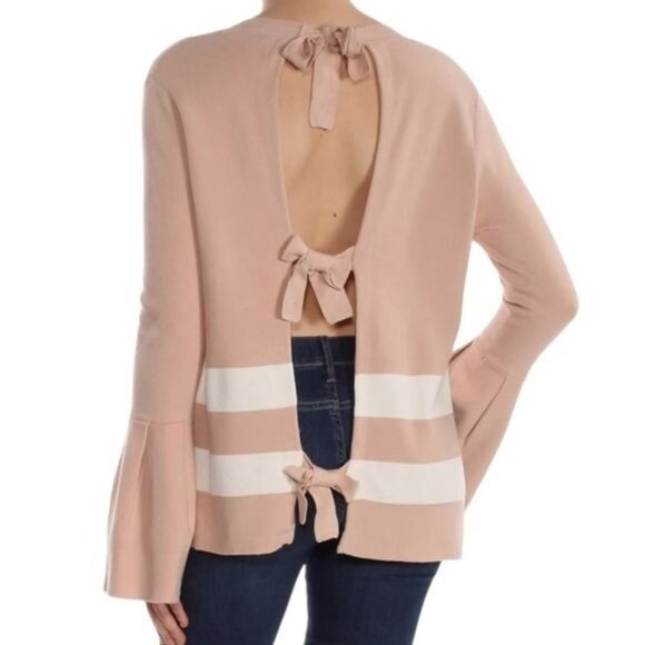 RACHEL Rachel Roy Sweater Womens Medium Beige Viscose Knit Bell Sleeve Bow Back - Picture 4 of 11